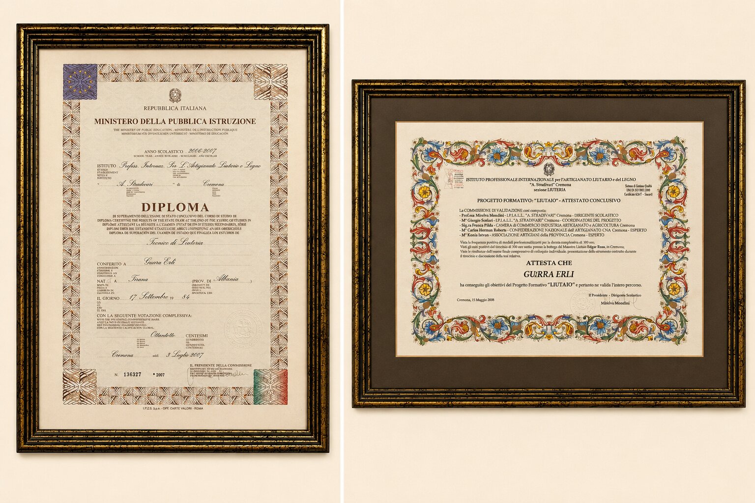 Erli Gurra's diploma from the Antonio Stradivari school in Cremona
